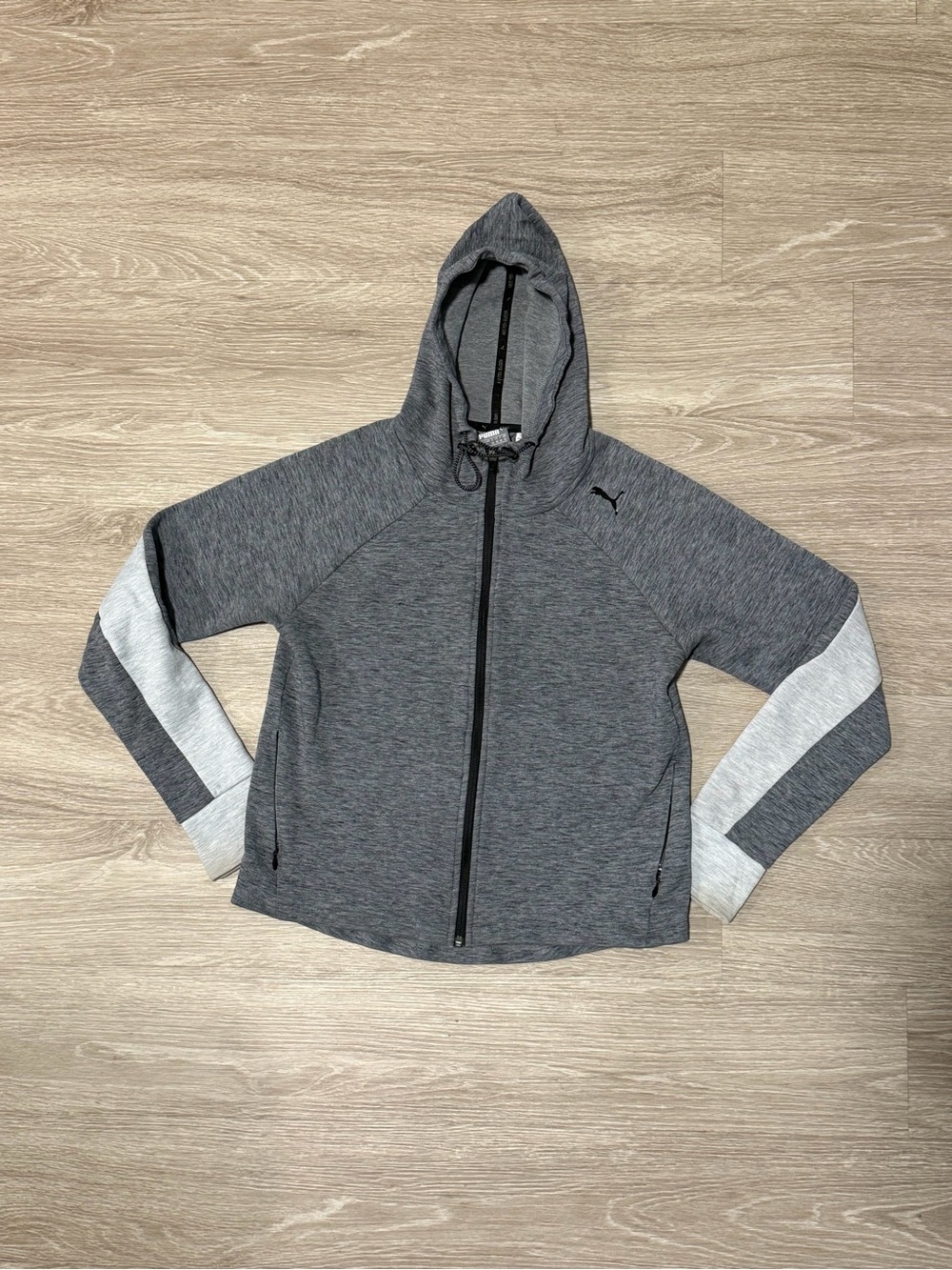 Puma Women's Gray Hooded Bomber Jacket with Light Gray Sleeve Panels